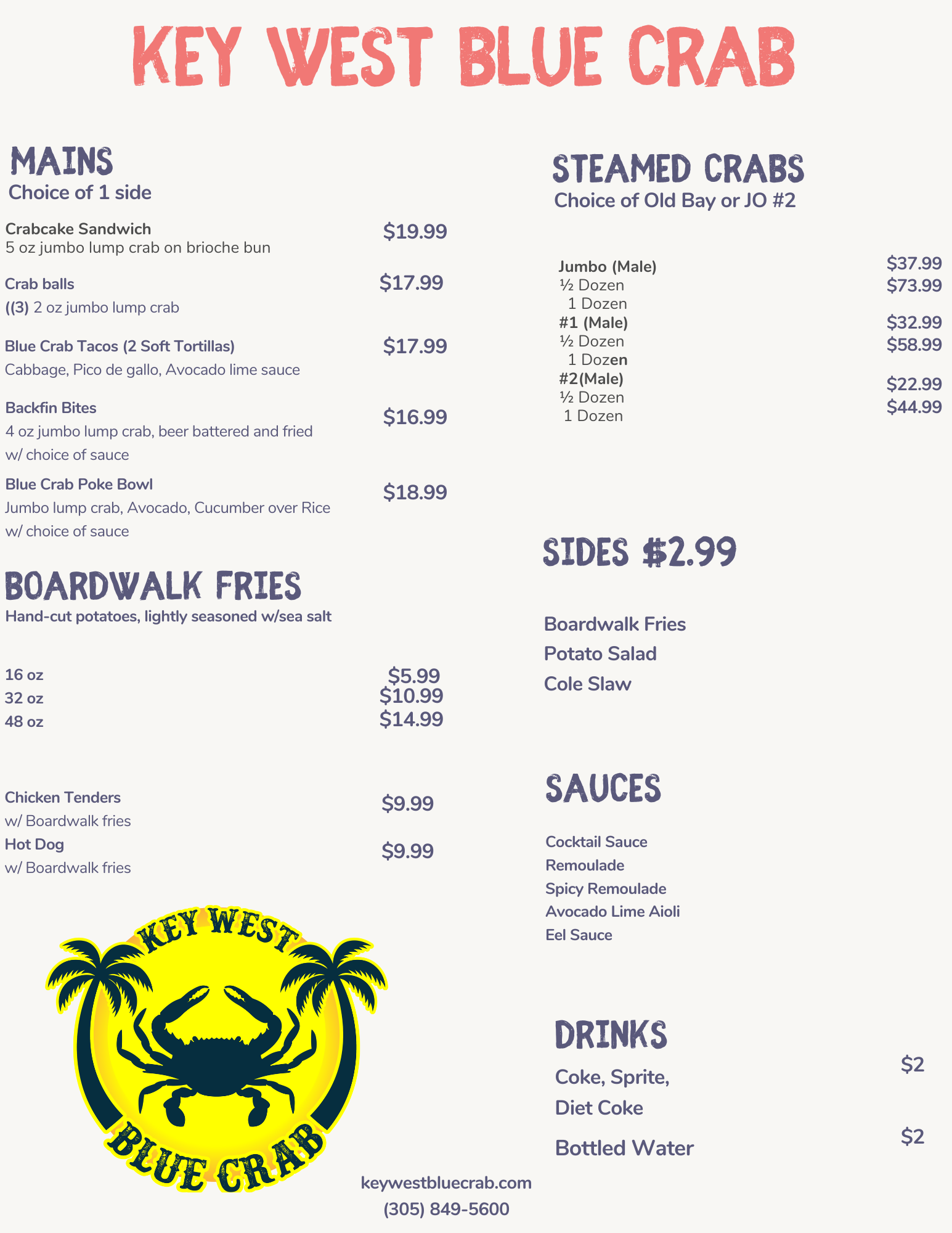 Key West Blue Crab Full Menu